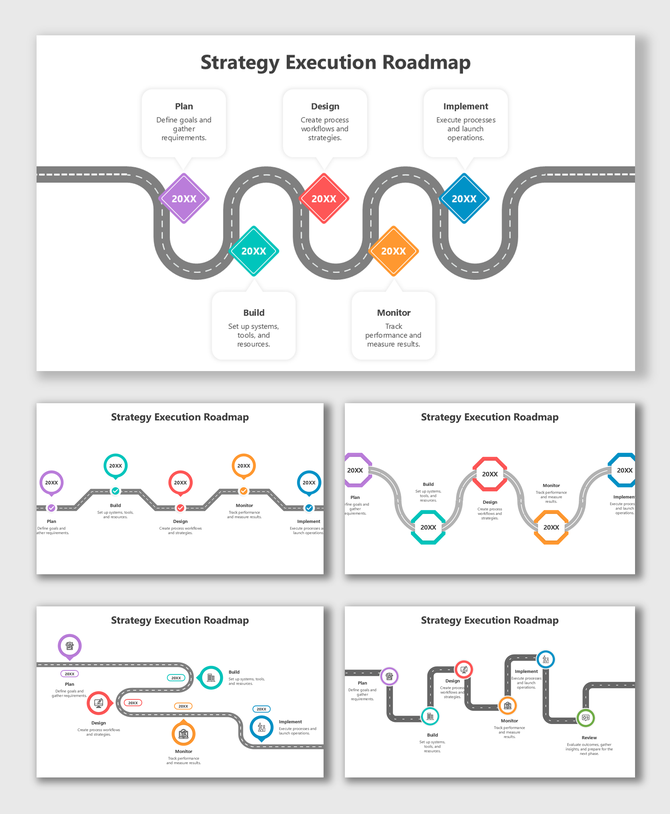 Strategy Execution Roadmap slide with color-coded shapes, icons, labels, dotted links, and wavy road tracks for process steps