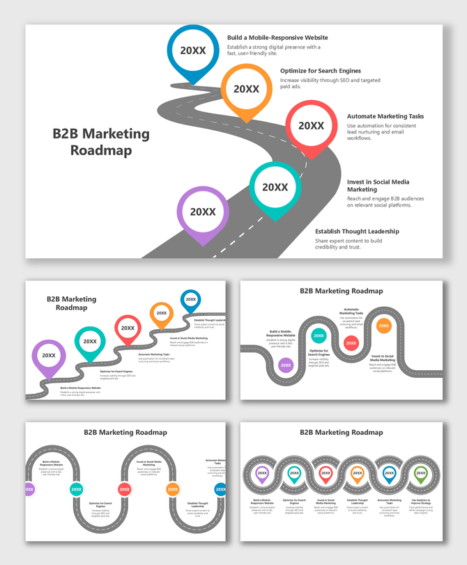 B2B Marketing Roadmap featuring bright markers, year labels, text holders, and a curved road for each strategy step.