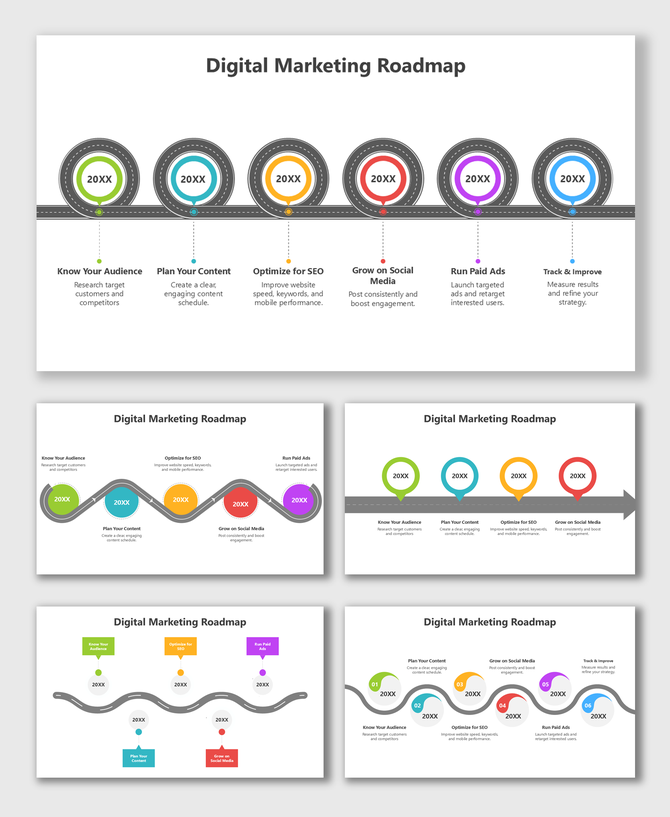 Digital Marketing Roadmap with colored circles, year tags, text boxes, and a curved road showing key marketing steps.