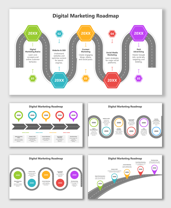 Roadmap For Digital Marketing with multicolor hexagons, icons, and a curved road showing key steps.