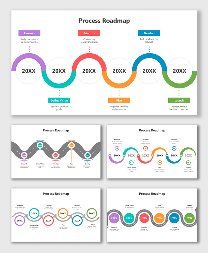Process Roadmap Slide with colored stages, round tags, text holders, dotted links, and wavy road paths connecting steps.