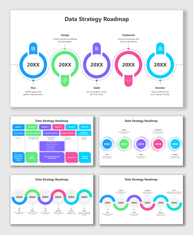 Data Strategy Roadmap PPT featuring bright color circles, year markers, captions, and curved process flow shapes.