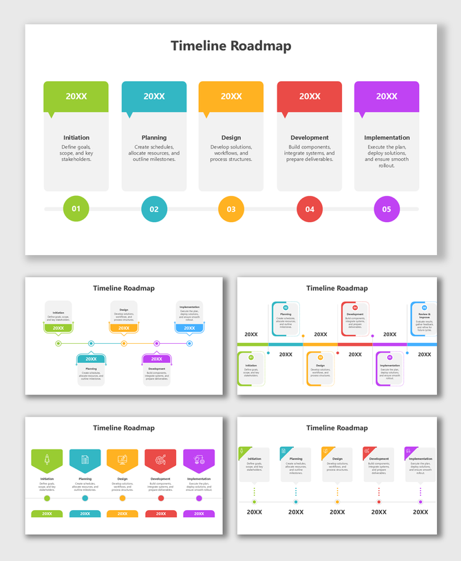 Timeline Roadmap Slide Template with multicolor hexagons, year tags, and curved road shapes showing project steps.