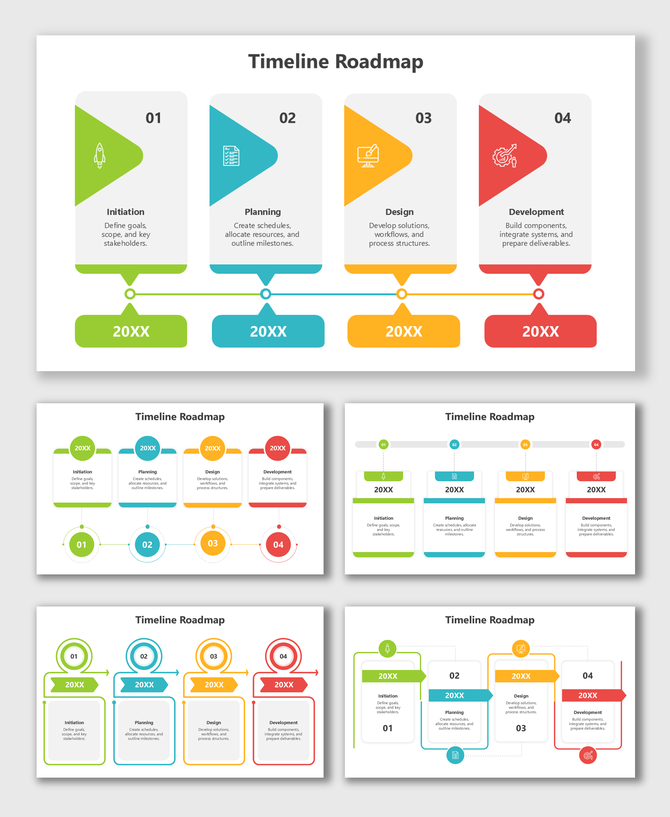 Timeline Roadmap PPT Template with colorful blocks, icons, and curved paths linking project stages.