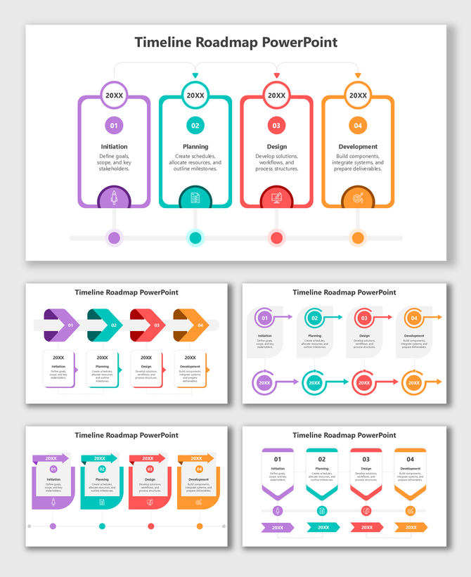 Timeline Roadmap Template PowerPoint with colorful shapes, icons, and curved paths linking project stages.