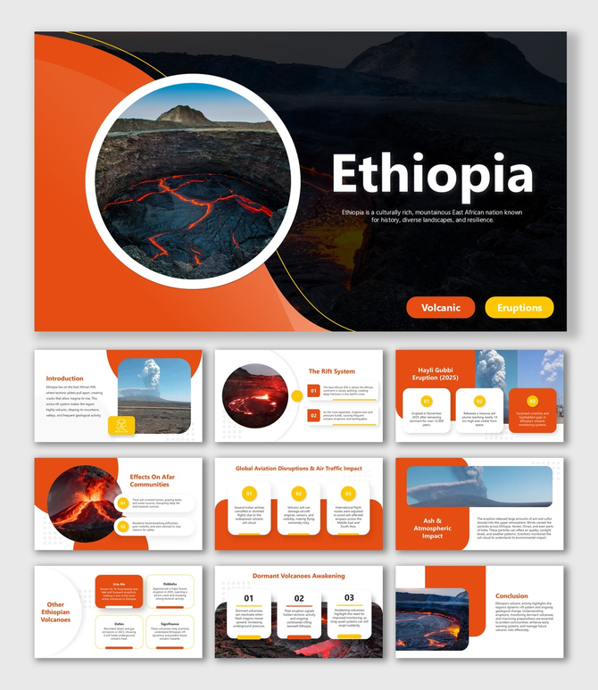 Ethiopia Volcano Eruption slides with lava photos, orange theme, text blocks, icons, and sections on impact and rift system.