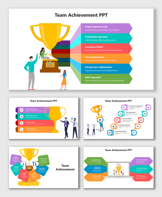 Team Achievement slide with trophy, colorful layered tabs, icons, and teamwork characters celebrating.