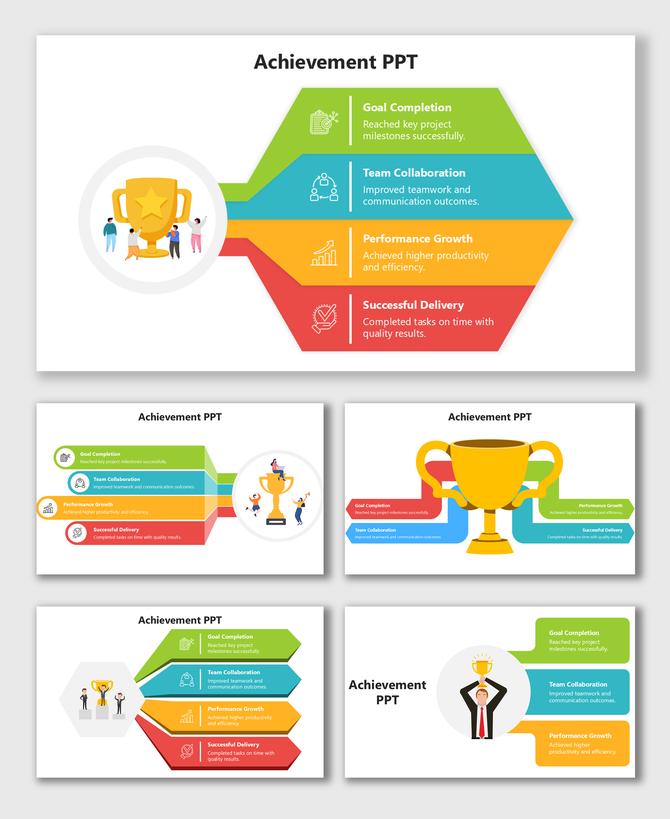 Achievement Slide Template PPT with trophy graphic and multicolor step labels for goals and success.