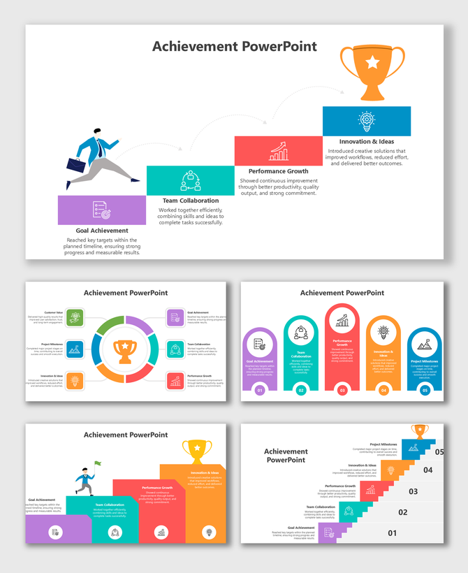 Achievement slide with circular steps, trophy icon, colored badges, text boxes and career symbols.