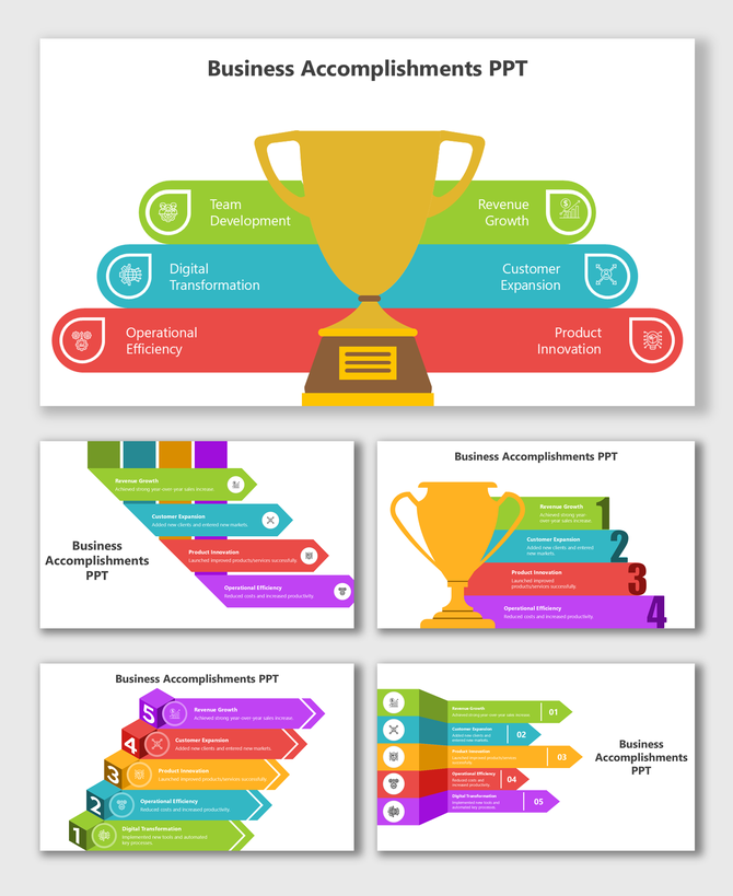 Business Accomplishments PPT showing arrows, icons, labels, and bright color shapes for goals.