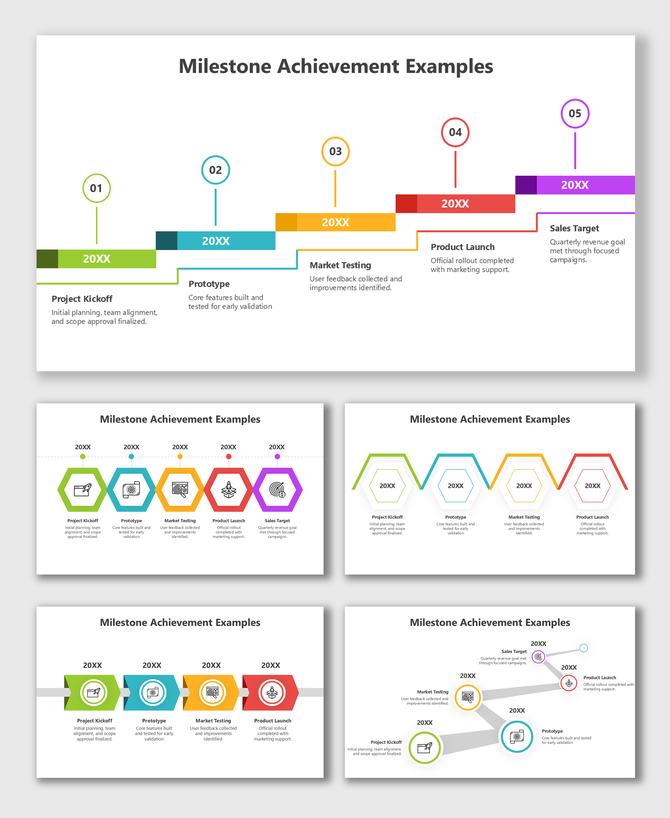 Milestone Achievement Examples showing multicolor steps, icons, years, and milestone text.