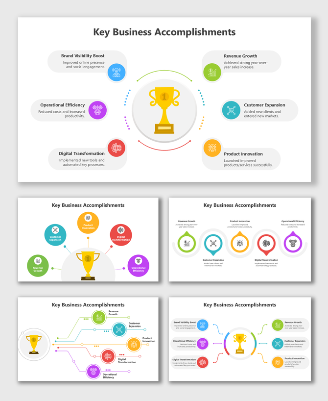 Key Business Accomplishments with trophy, color icons, circular layout, and goal text blocks.