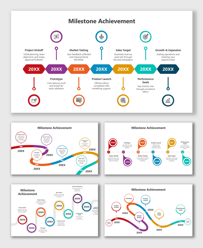 Milestone Achievement PPT Template showing multicolor timeline rounds, icons, years, and text boxes.