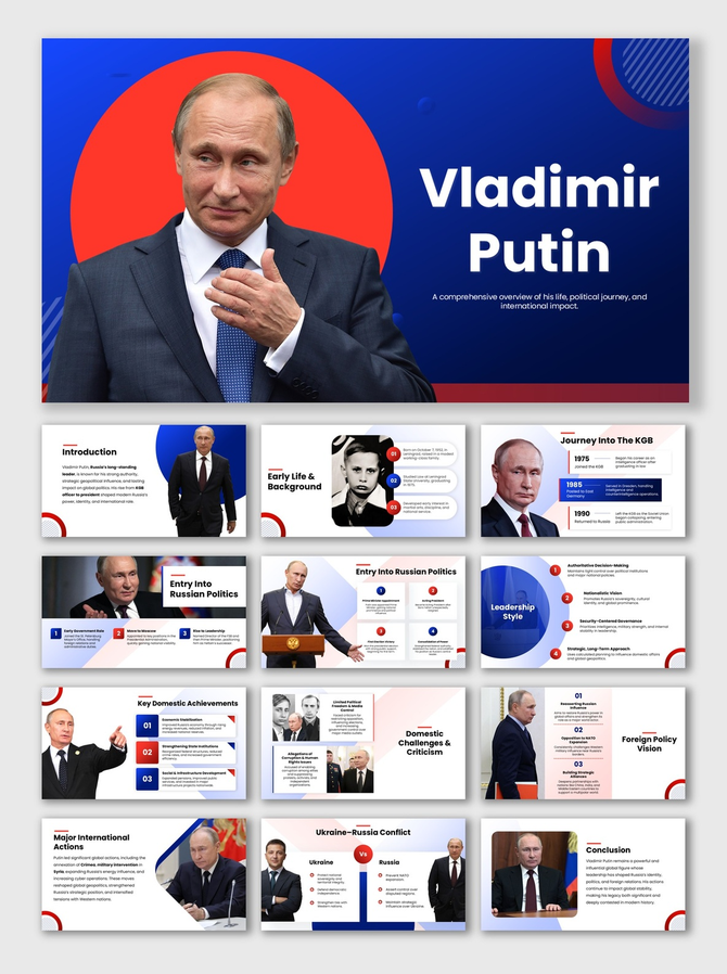 Vladimir Putin slides with photos, blue-red shapes, icons, timelines, text cards, and political sections.