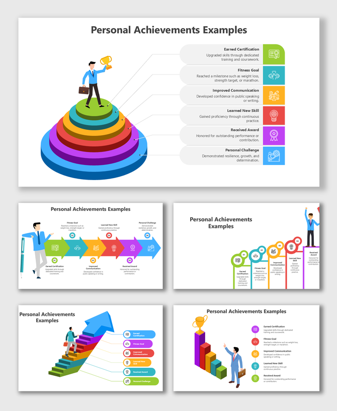 Personal Achievements Examples with layered rainbow steps, icons, and labels for skills, goals, awards, and challenges.