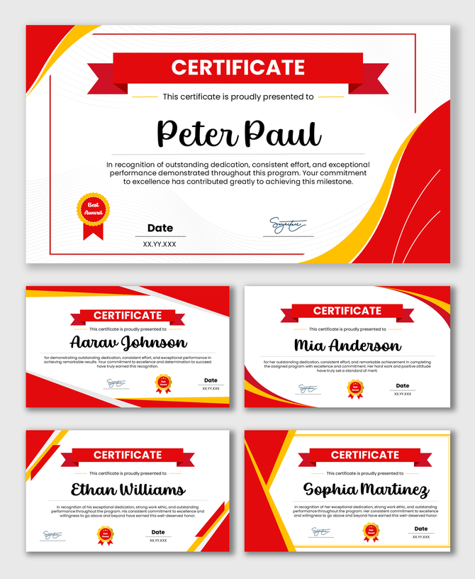 Degrees And Certificates layout with red-gold ribbons, name text blocks, badges, dates, and signatures.