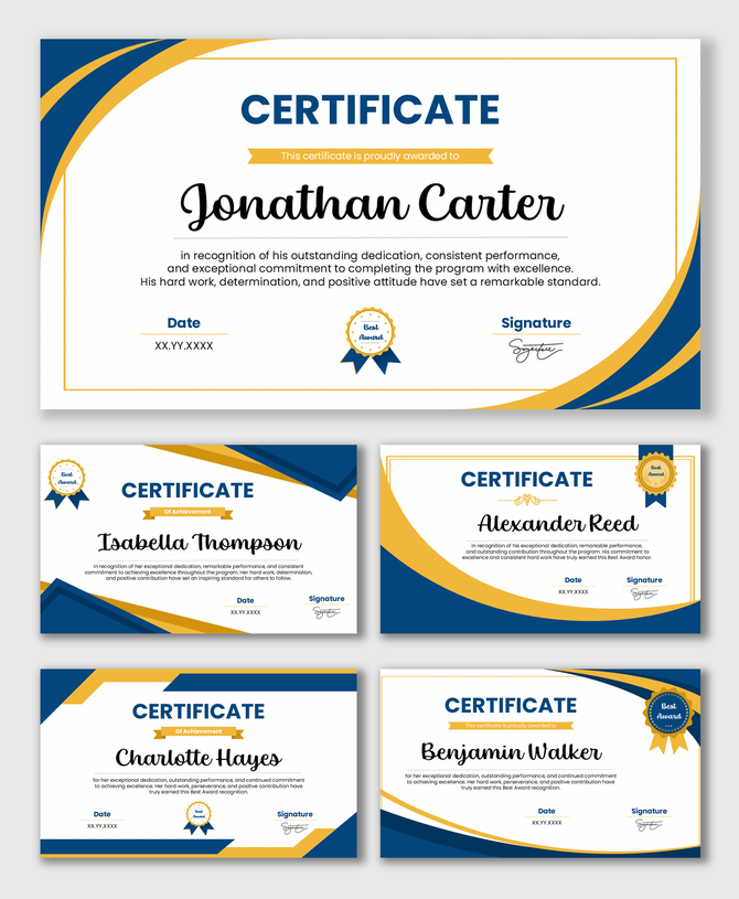 Grad Certification template with blue-gold curves, name text blocks, badges, date fields, and signature areas.