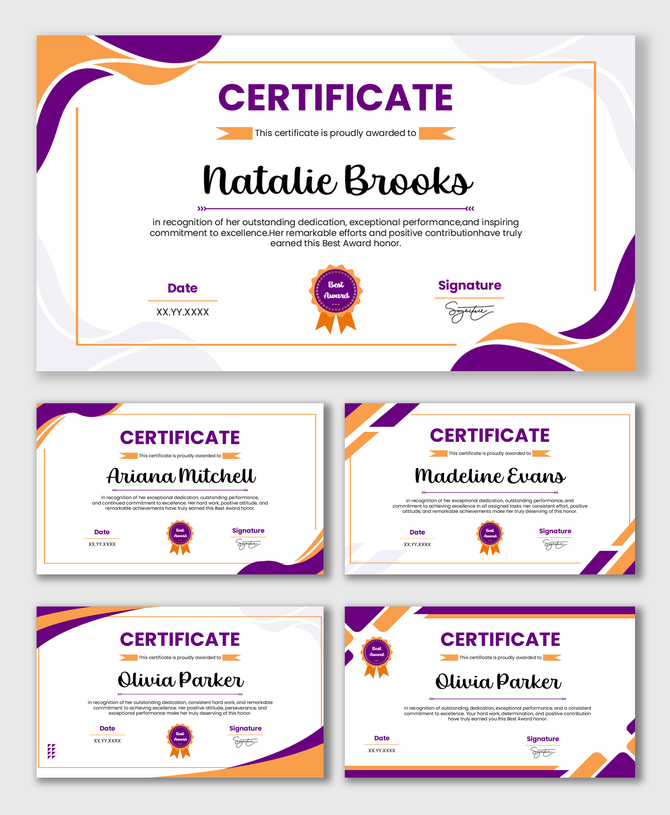 Cert Degree template with purple-orange waves, name text blocks, award badge, date box, and signature area.