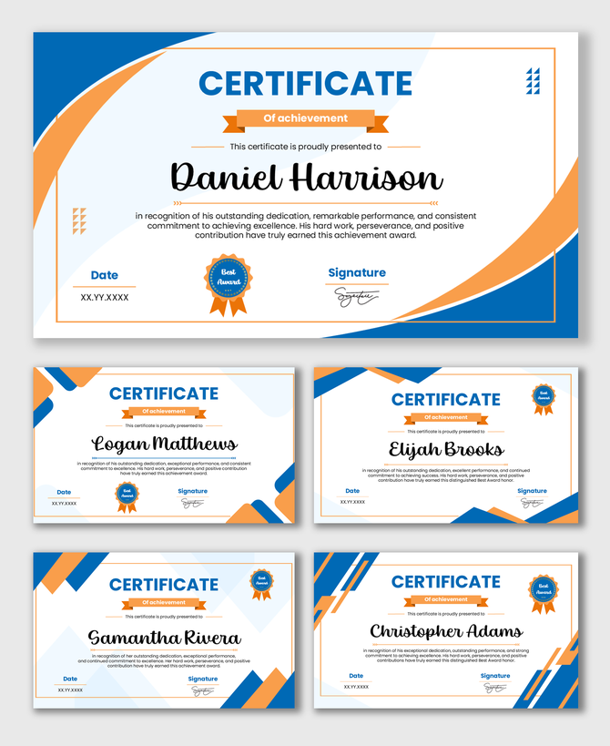 Degree Certificate layout with blue-orange shapes, bold title, name box, award badge, date field, and signature area.