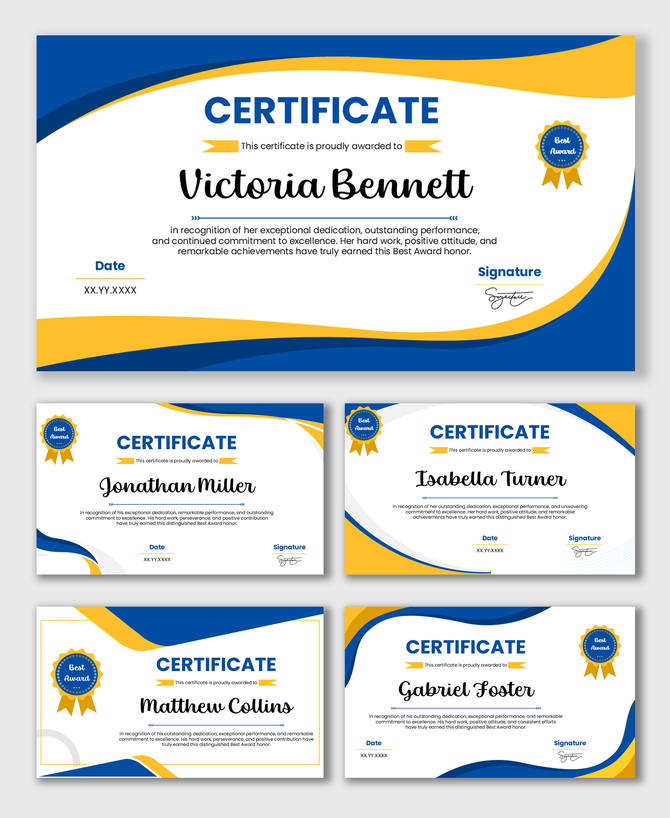 Graphic Design Certificate with blue-yellow waves, title bar, name text box, badge seal, date and signature fields.