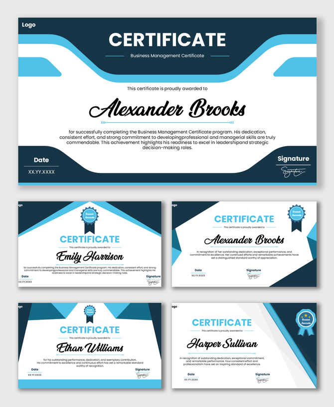 Business Management Certificate with blue-white shapes, title bar, name box, badge seal, date and signature fields.