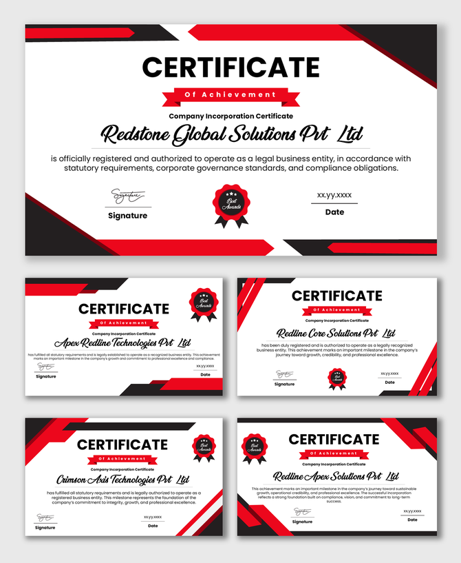 Company Incorporation Certificate with red black layout, ribbon title, badge seal, text fields, LLC Good Standing Certificate