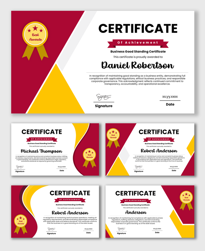 Business Good Standing Certificate with red yellow shapes, award badge, bold title, name text.