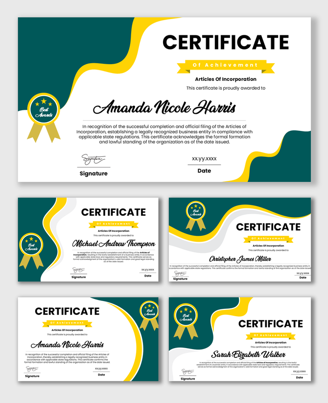 Certificate Of Articles Of Incorporation with green yellow waves, award badge, name, date fields.