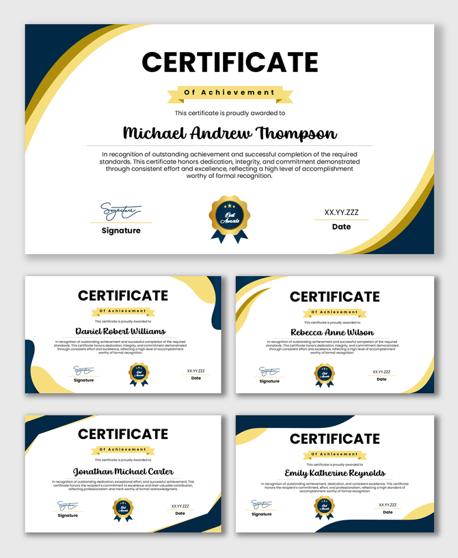 Award Of Recognition Certificate with blue gold curves, award badge, name text, signature fields.