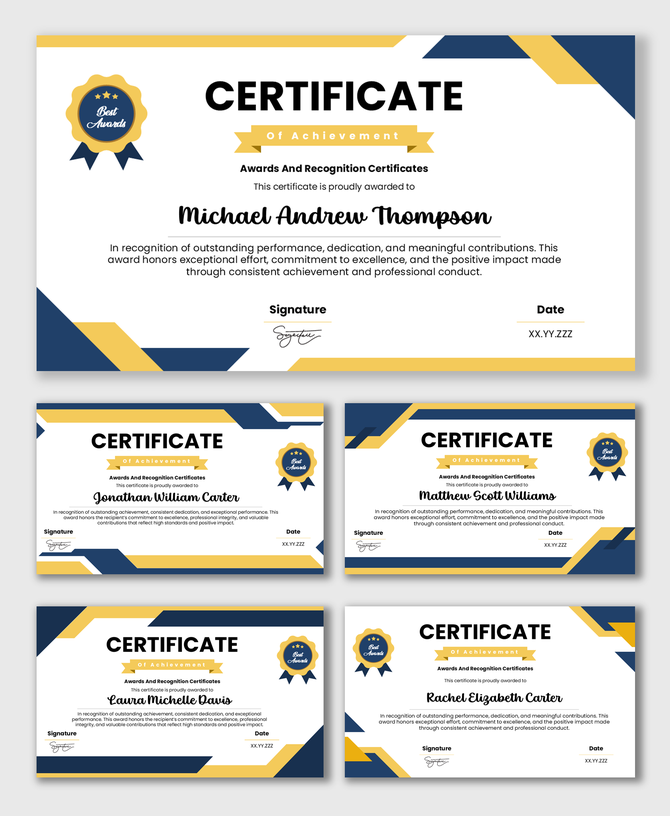 Awards And Recognition Certificates with blue gold layout, ribbon title, award badge, name text.