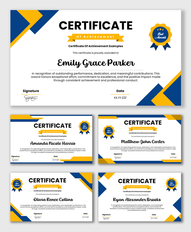 Certificate Of Achievement Examples with blue yellow layout, award badge, name text, date.