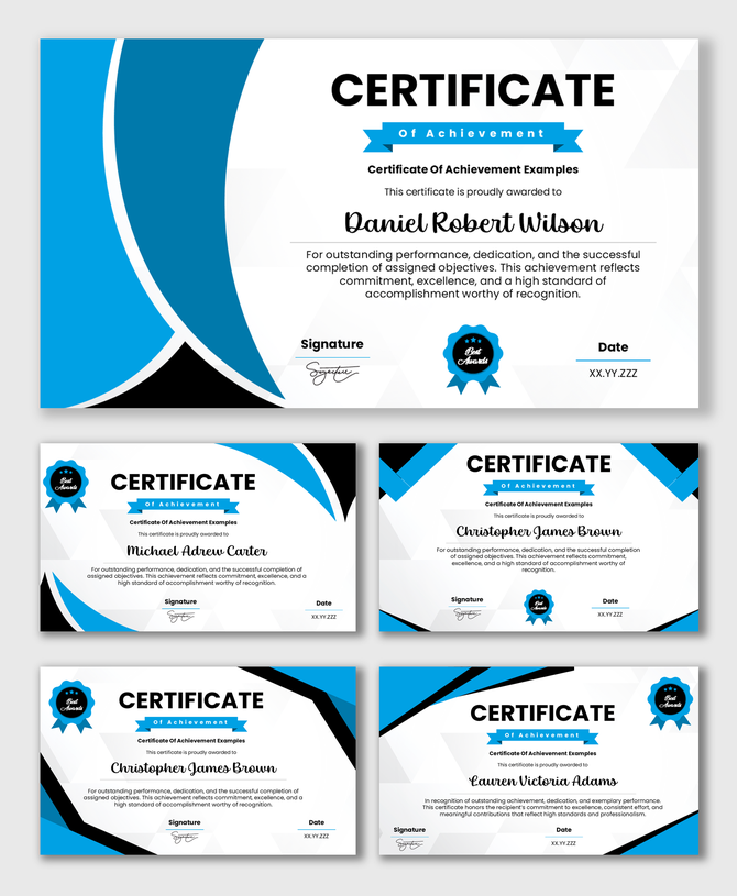 Certificate Of Sports Achievement with blue black shapes, award badge, winner name, date.