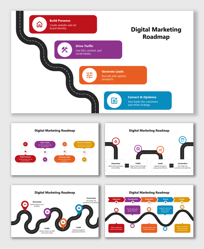 Digital Marketing Roadmap with colored circles, year tags, text boxes, and a curved road showing key marketing steps.