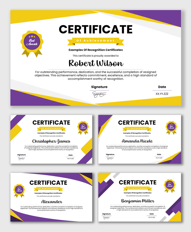 Examples Of Recognition Certificates with purple yellow shapes, award badge, name, date fields.