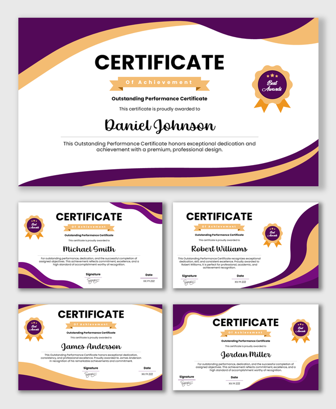 Outstanding Performance Certificate with purple gold waves, award badge, name, date fields.