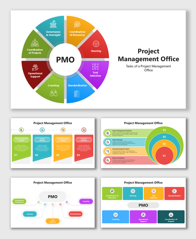 PMO diagram showing governance, resource coordination, steering, tools, standardization, and support.