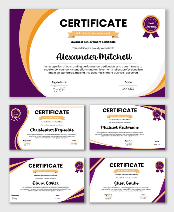 Award Of Achievement Certificate with purple gold curves, recipient name, ribbon badge, date, and signature.
