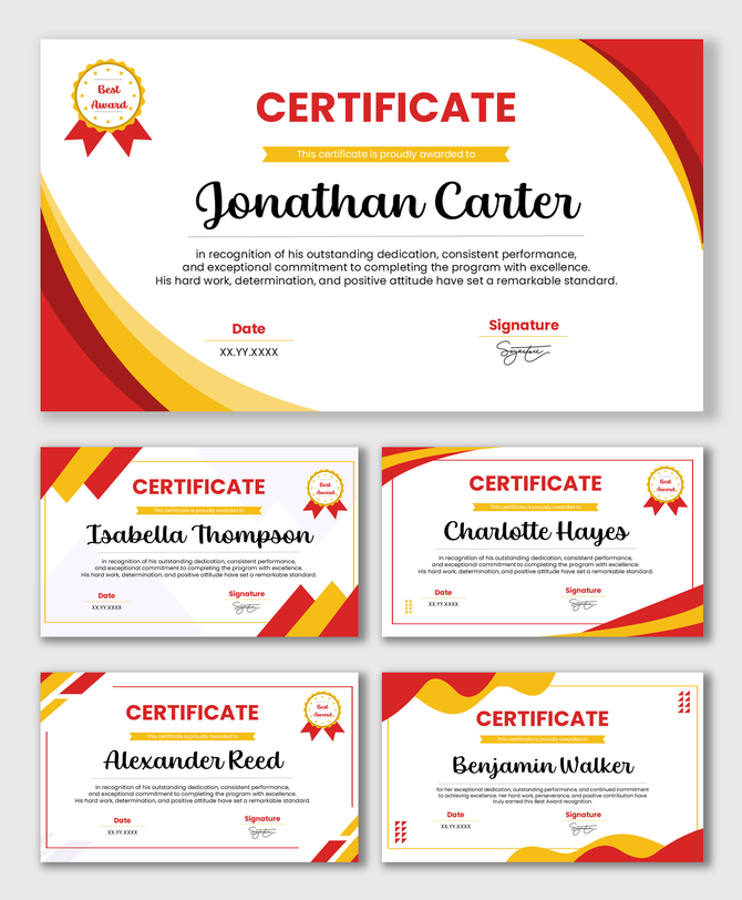 Achievement Award Certificate with red yellow curves, ribbon badge, recipient name, date, and signature.