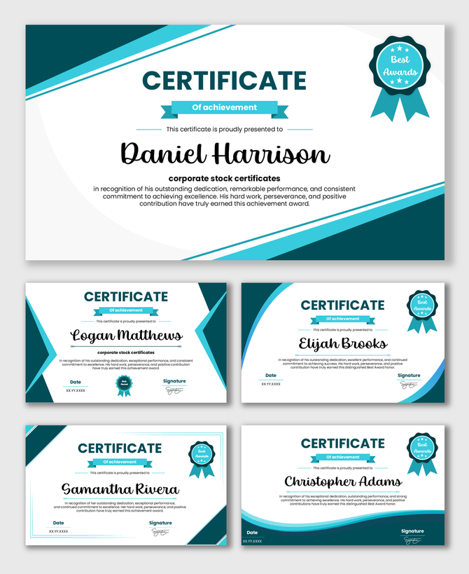Corporate Stock Certificates with teal blue theme, award badge, recipient name, and clean layout.