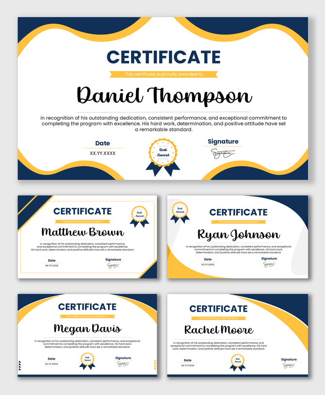 Free Printable Certificates Of Achievement with blue yellow waves, award badge, name, date, signature.