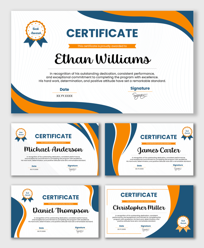 Printable Certificates Of Achievement with blue orange waves, award badge, name, date, signature.