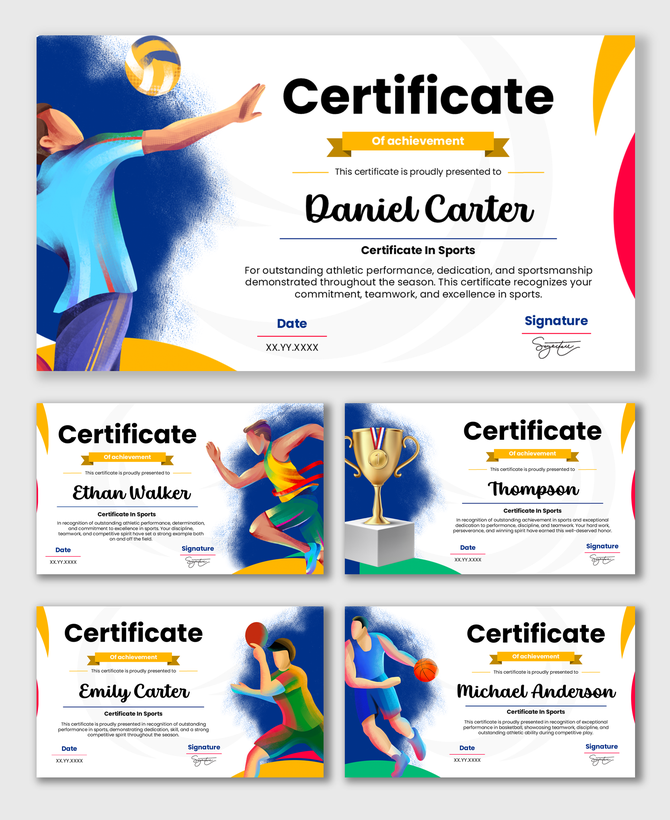 Certificate In Sports with athlete illustration, trophy icon, name text, date and signature fields.