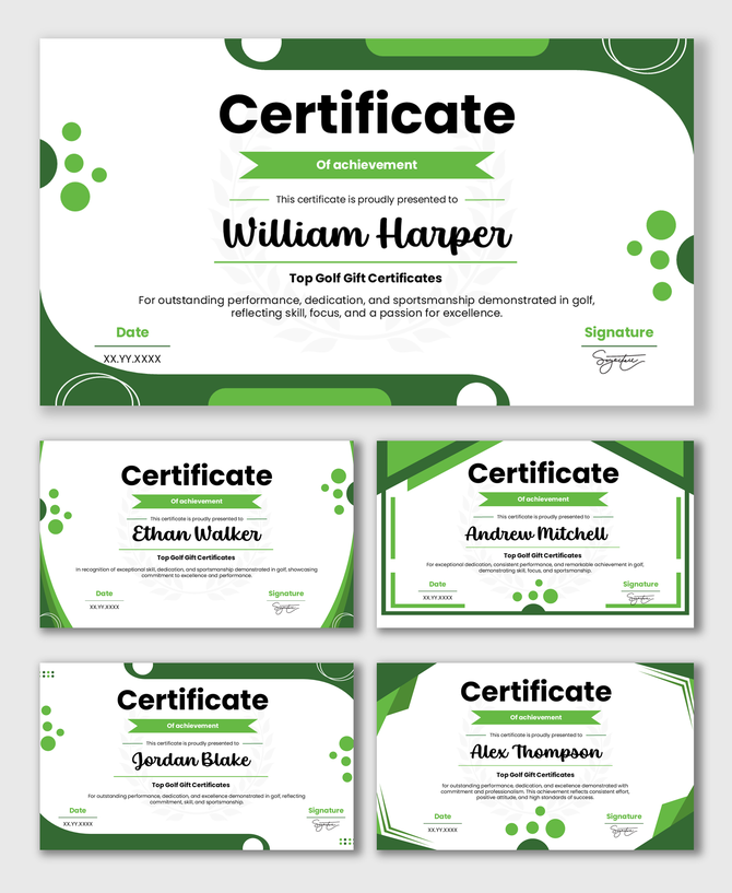 Top Golf Gift Certificates with green theme, certificate title, recipient name, date, and signature fields.