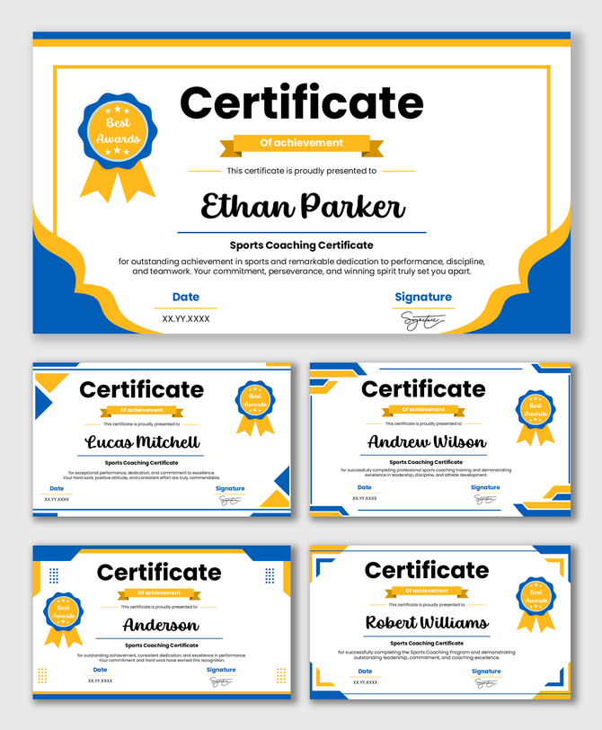 Nonprofit Management Certificate with blue-yellow theme, award badge, recipient name, date, and signature fields.