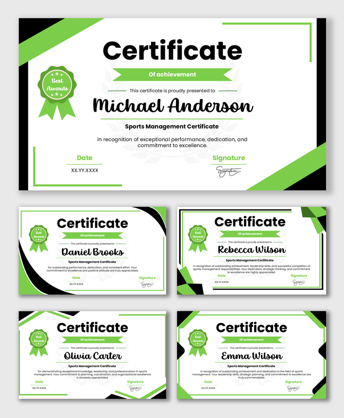 Sports Management Certificate with green-black theme, award badge, recipient name, date, and signature.
