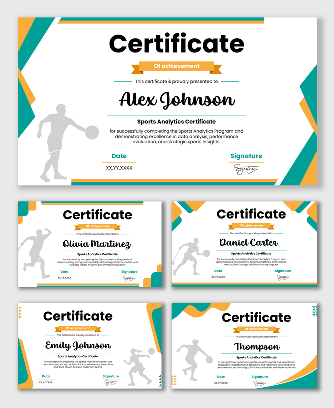 Sports Analytics Certificate with teal-orange colors, athlete silhouette, name field, date, and signature.