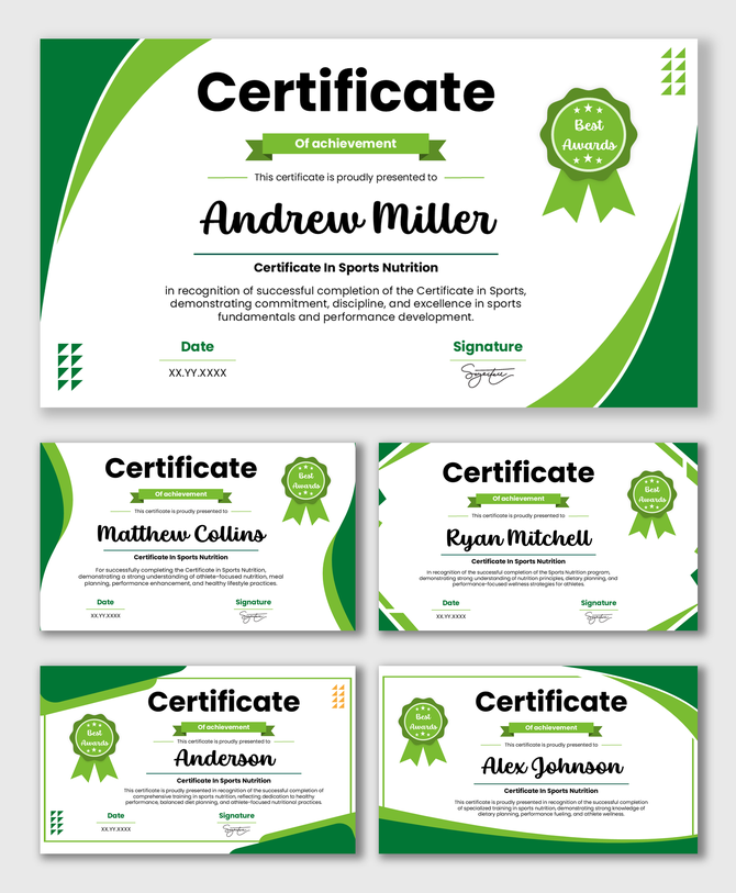 Certificate In Sports Nutrition with green theme, award badge, curved shapes, name, date, signature.