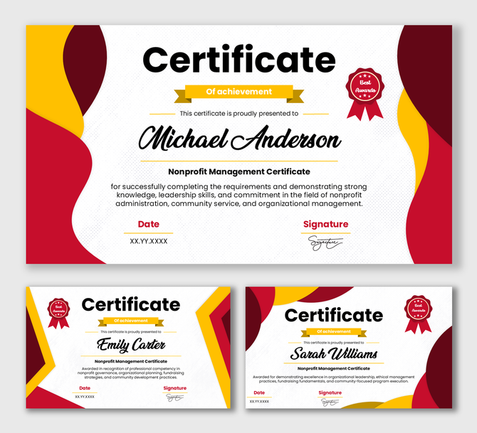 Nonprofit Management Certificate with blue-yellow theme, award badge, recipient name, date, and signature fields.