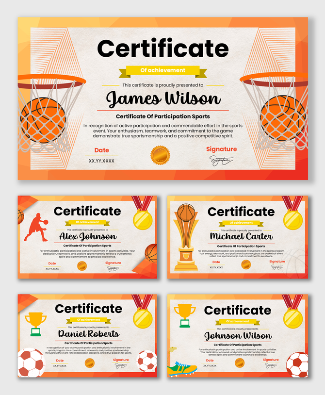 Certificate Of Participation Sports with orange theme, basketball hoops, medals, name, date, signature.