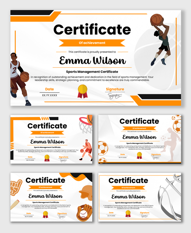 Sports Award Certificate Design with orange accents, athlete illustrations, medal icon, name, date fields.